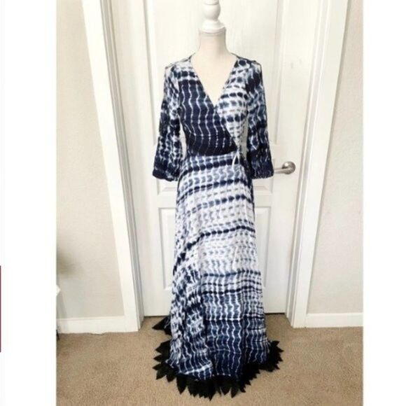 Line & Dot Maxi Dress Womens Size Small Bonheur French Tie Dye  Blue Boho Artsy - Picture 1 of 16